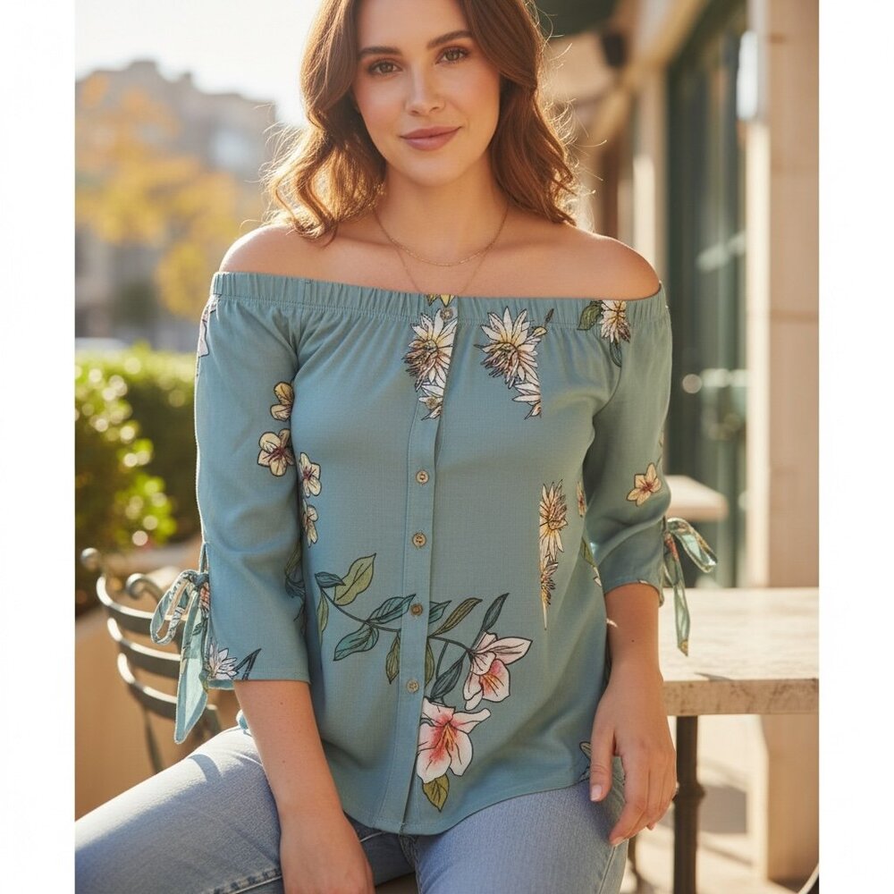 Rue 21 Off Shoulder Floral Top Sz XS Teal Multi #220H